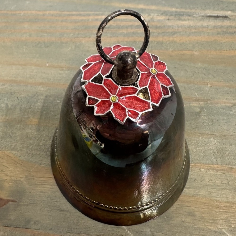 Vintage Wallace Silver‎ Plated Christmas Bell Ornament Enamel Poinsettias 1973